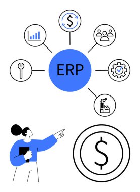 Maliye, ekip, analitik, araçlar ve üretim için ikonlar içeren ERP merkezi. İş kadını ERP kavramını işaret ediyor. İş, yönetim, verimlilik planlama teknolojisi için ideal finansal içgörüler