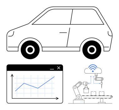 Büyüme grafiği ve bulut sistemine bağlı otomatikleştirilmiş robot montajı olan modern araba taslağı. Teknoloji, otomotiv, IoT, analitik, endüstri 4.0, yenilikçi robotlar için ideal. Düz basit
