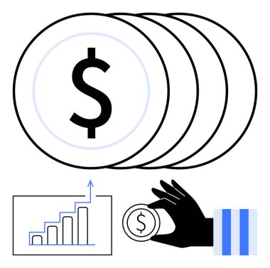 Bir dolar işaretli bozuk paralar, oklarla yükselen bir bar çizelgesi ve bozuk para tutan bir el. Finans, yatırım, kâr, bankacılık, iş tasarruflarında ekonomik büyüme için idealdir. Düz basit