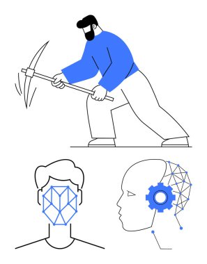Kazma kullanan bir adam, yüz tanımayı temsil eden geometrik bir yüz yapısı ve dişli ve yapay zekayı gösteren sinir ağlı bir profil görüntüsü. Yapay zeka, teknoloji, yenilik, otomasyon için ideal