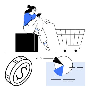 Dijital satın alma seçeneklerini araştıran bir kadın. Para ve pasta grafiği mali, analiz ve bütçeyi gösteriyor. Çevrimiçi alışveriş, ecommerce, mobil uygulamalar, bütçe, finansman soyut pazarlama için ideal