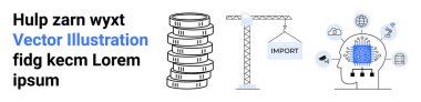 Maliyeyi temsil eden birikmiş madeni paralar, ticareti simgeleyen vinç kaldırma malları, veri akışı simgeleriyle yapay zeka. Ticaret, teknoloji, finans, lojistik, yapay zeka, ekonomi için ideal