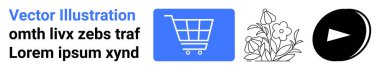 Mavi alışveriş arabası ikonu, özet çizilmiş çiçek illüstrasyonu ve koyu siyah oyun tuşu. E-ticaret, çiçek tasarımı, multimedya, minimal planlar, markalaşma, sunum sade iniş sayfası için ideal