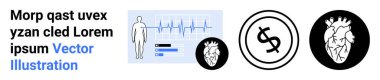 EKG grafiği, kalp diyagramı ve dolar işareti olan bir insan figürü. Sağlık hizmetleri, tıp eğitimi, tıp, kardiyoloji, analiz, tanı ve soyut düz metafor finansmanı için ideal