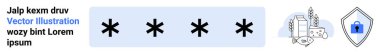 Asterisk kodlu şifre alanı, kilitli kalkan ve güvenlik, şifreleme ve mahremiyeti temsil eden veri simgeleri. Siber güvenlik, kimlik doğrulama, veri koruması, modern UI tasarım web uygulamaları için ideal