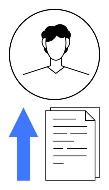 Mavi yukarı ok üzerinde dairesel çerçeve içinde kullanıcı avatarı ve dosya yükleme veya profil güncellemesini sembolize eden belge yığını. Hesap yönetimi, dosya paylaşımı, ileti, kayıt, uygulama için ideal