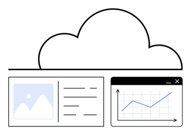 Grafik üzerinde bulut analitik çizelge ve belge düzenini gösterir. Veri depolama, teknoloji, analiz, iletişim, bulut hesaplama, üretkenlik, bilgi paylaşımı için ideal. Düz basit metafor