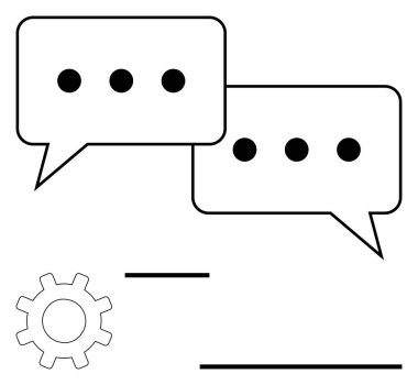 Elipsli iki konuşma kabarcığı iletişimi simgeler, ve bir dişli de süreçleri. Takım çalışması, otomasyon, iş akışı, tartışmalar, işbirliği, konuşmalar ve planlama için ideal. Düz