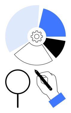Dişli pasta tablosu, büyüteç ve kalem tutuşu analitik, araştırma, optimizasyon, strateji, karar verme, verimlilik ve düz basit bir şekilde kavramsallaştırmayı temsil ediyor.