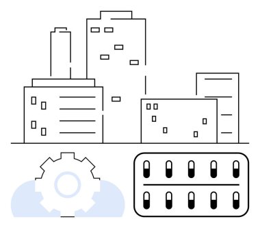 Modern şehir binalarının ana hatları, teknik teçhizat ve sunucu rafları. Teknoloji, altyapı, yenilik, bulut hesaplama, dijital dönüşüm, kentsel planlama otomasyonu için ideal