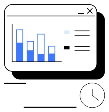Zaman takibi ile basit bir tarayıcı arayüzündeki performans ölçümlerini analiz eden çubuk grafik. Veri analizi, verimlilik, zaman yönetimi, verimlilik, planlama, raporlama için ideal, düz basit metafor