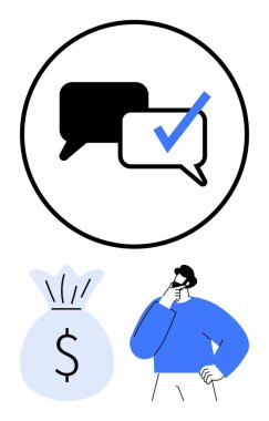 Düşünceli bir adam para çantasının yanında duruyor ve üzerinde bir işaret olan konuşma baloncukları üst üste biniyor. Karar verme, mali planlama, müzakere, iletişim, anlaşma, iş stratejisi için ideal