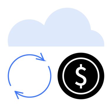 Yuvarlak bir ok döngüsünün üzerinde bulut ve dolar simgesi değiş tokuşu, kaynak akışını ön plana çıkarıyor. Finans, teknoloji, yenilik, sürdürülebilirlik, ticaret, yatırım geliri için idealdir. Düz basit