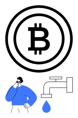 Kalın çemberde Bitcoin sembolü, düşünen bir kişi, ve damlayan bir musluk kripto madenciliğini, kaynakları ve değeri görselleştiriyor. Finans, teknoloji, engelleme zinciri, yatırım karar verme mekanizması için ideal
