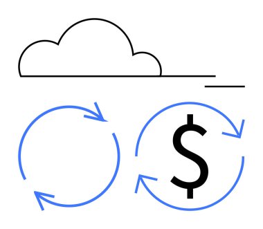 İki dairesel okun üzerinde bulut elementi, birinin üzerinde dolar işareti var. Finans, teknoloji, veri alışverişi, iş stratejisi, bulut hesaplama, ekonomik akış için ideal, düz basit metafor