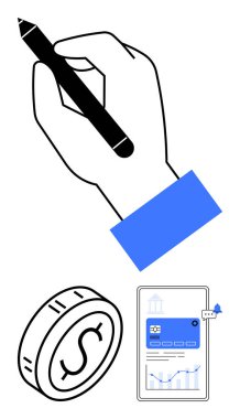 Elinde siyah bir kalem dolar işaretli stilize bozuk para ve mali verileri olan bir tablet var. İş, finans, yaratıcı iş, dijital üretkenlik, çevrimiçi ekonomi, yeni girişimler için ideal