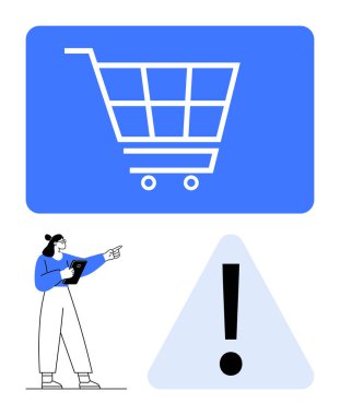 Ekranda mavi alışveriş arabası, ünlem işaretli uyarı üçgeni, tablet yöneten kadın. E-ticaret, dijital uyarı, çevrimiçi iş, kullanıcı bildirimleri, teknoloji, alışveriş uyarıları için ideal