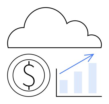 Bir doların üzerindeki bulut elementi ve yukarı doğru grafik oku finansal büyüme, teknoloji ve analizi ön plana çıkarıyor. Finans, bulut hesaplama, iş büyümesi, ekonomi ve tahmin için ideal