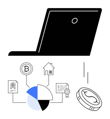 Çizgilerle birbirine bağlı dizüstü bilgisayar, Bitcoin, mülk, para ve sertifika simgeleri. Finans, yatırım, kripto para birimi, strateji dijital ekonomi fintech trendleri için ideal düz metafor