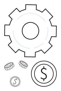 Verimliliği, karı ve işbirliğini vurgulayan madeni para ve dolar sembollü büyük teçhizat. Finans, ekonomi, üretkenlik, tasarruf ve yatırım işletmeleri için ideal. Düz basit