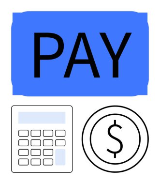 Mavi kutu, hesap makinesi, mali yönetim, bütçe ve işlemleri vurgulayan dolar işaretli cesur Ödeme metni. Maaş, e-ticaret, finans, tasarruf bütçesi için ideal