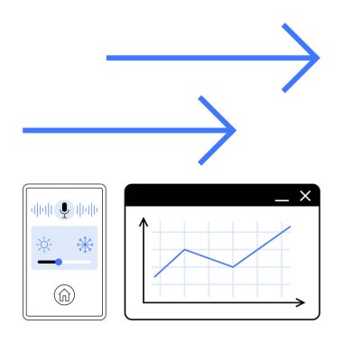 Oklar yön ve hareketi iletir, ayarlar ve yukarı doğru istatistik grafiği için teknolojik arayüzle eşleştirilir. Yenilik, teknoloji, veri görselleştirme, analiz, ilerleme, strateji için ideal