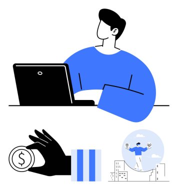 Bilgisayardaki kişi, el ele tutuşan finansal ikon, diyagram ve başarı elde eden kişi. Ticari büyüme, yatırım, üretkenlik, başarı girişimciliği finansman motivasyonu için idealdir. Düz