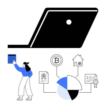 Laptop, hesap makinesi, pasta grafiği, elementler, kripto para birimi, ev ve belgeleri kullanan kadınla eşleştirildi. Bunlar finans, yatırım, dijital para birimi ve verileri sembolize ediyor. Finans teknolojisi için ideal
