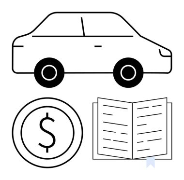 Araba silueti, dolar parası ve açık kitap araç kaynaklı finans, bütçe, öğrenme ve yönetim konularını ön plana çıkarıyor. Eğitim, finans, otomotiv endüstrisi tasarruf yatırımı için ideal
