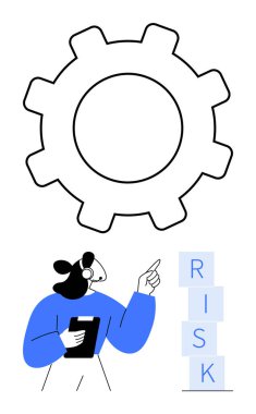 Devasa teçhizat işlemleri temsil ediyor. Elinde bir pano olan kişi istiflenmiş RISK bloklarını işaret ediyor. Sorun çözme, iş stratejisi, risk yönetimi, kurumsal planlama, takım verimliliği için ideal