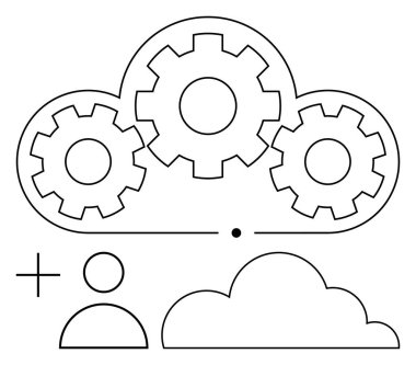 Otomasyonu vurgulayan vitesli bulut, kullanıcı simgesi, daha küçük bulut ve işbirliği işareti. Takım çalışması, teknoloji, yenilik, verimlilik, veri depolama bağlantısı için ideal basit