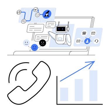 Yapay zeka robotları dizüstü bilgisayardaki sohbetleri yönetiyor, geri bildirim simgeleri, çağrı sembolleri, büyüme grafikleri. Müşteri desteği, iletişim, yapay zeka teknolojisi, sohbet robotu çözümleri, iş büyümesi geri besleme analizi dijital