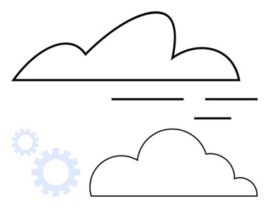 Dişli simgeleri ve hareketliliği gösteren dinamik çizgilerle basit çizgilerdeki bulutların ana hatları. Teknoloji, internet, yenilik, dijital dönüşüm, bulut hesaplama, iş otomasyonu için ideal