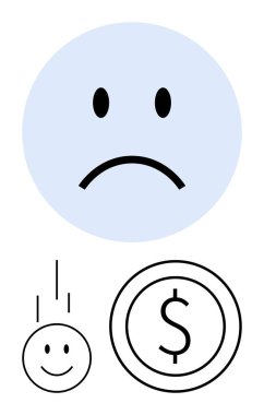Hüsrana uğrayan üzgün yüz, yere düşen mutlu yüz çöküşü, para kaybını gösteren dolar sembolü. Finans, duygular, ekonomi, akıl sağlığı, iş riski, kişisel
