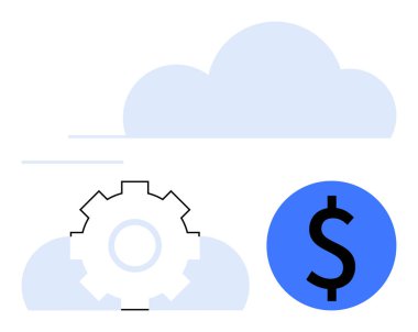 Dişli bulut şekilleri ve dolar işareti bulut hesaplama, otomasyon ve finansal sistemleri temsil eder. Yenilik, teknoloji, finans, veri yönetimi, dijital dönüşüm ve modern için ideal