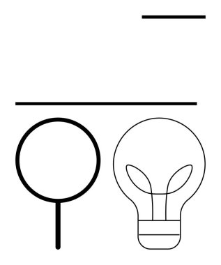 Büyüteç ve ampulün basit çizgilerle birleştirilmesi keşif, araştırma ve yaratıcılığı akla getiriyor. Yenilik, problem çözme, anlayış, eğitim, analiz, öğrenme ve yaratıcılık için ideal