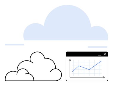 Bulut şekilleri ve bir çizgi grafiği web tarzı pencere veri eğilimlerini ve ölçümlerini gösterir. Teknoloji, bulut hesaplama, veri büyümesi, analitik, iş tahminleri, bilişim çözümleri, düz basit