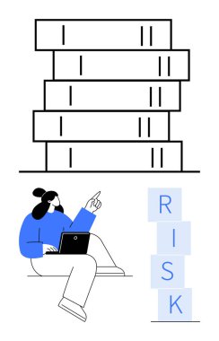Yığılmış bloklar, dizüstü bilgisayarı olan bir kadın olarak düşünceli bir şekilde RISK takla atıyor. Risk yönetimi, eleştirel düşünme, problem çözme, iş stratejisi, planlama, liderlik, soyut çizgi