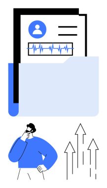 Belgeler, kullanıcı profili ve çizelgeler içeren dosya dizinini aç. Büyüyen oklarla birlikte düşünen bir iş adamı. Analiz, strateji, organizasyon, planlama, yönetim yeniliği için ideal basit