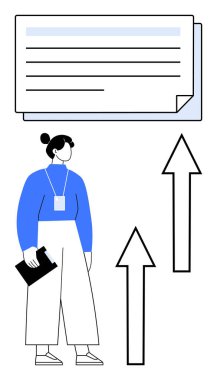 Mavi bluzlu kadın, büyük belge simgesi ve yukarı doğru iki okun yanında pano tutuyor. Ticari başarı, kariyer büyümesi, veri analizi, strateji planlaması, üretkenlik, eğitim, motivasyon için ideal
