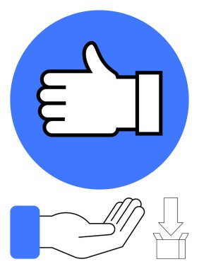 Mavi çemberdeki hareketi işaret ediyor, elini aç, oku kutuya indir. Onay, destek, katkı, kabullenme, geri bildirim yardım derneği için ideal. Düz basit metafor