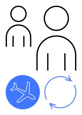 İki kullanıcı profili çizgisi, mavi daireli bir uçak ve dairesel oklar seyahat, dönüş ve takas öneriyor. Turizm, seyahat rezervasyonu, müşteri ilişkileri, takım çalışması iade politikası için ideal