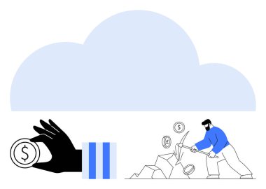 Madencinin tepesindeki büyük bulut kayalardan madeni paralar çıkarıyor ve madeni paralarla el ele tutuşuyor. Dijital ekonomi, bulut depolama, kripto para birimi, yatırım, fintech, kar, yenilik için ideal