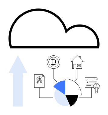 Kripto para, mülk, pasta grafiği, belgeler ve ok simgelerinin üzerinde bulut ana hatları. Finans, teknoloji, veri yönetimi, yatırım analizleri kripto para birimi bulut hesaplaması için ideal