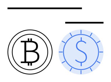 Bitcoin ve dolar simgeleri, dijital parayı, döviz kurunu, finansal işlemleri vurgulayan minimalist tarzda. Fintech, engelleme zinciri, ödeme sistemleri, ekonomi, finans, yatırım için ideal
