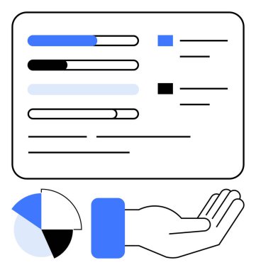 İlerleme çubukları, pasta grafiği ve açık el görselleştirme veri paylaşımı, iş anlayışı, takım çalışması, işbirliği, analitik, karar verme ve destek. Düz basit metafor için ideal