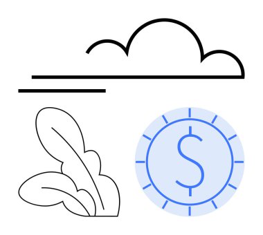 Minimalist tasarım sergilenen yapraklar, bir bulut ve bir dolar para. Sürdürülebilirlik, çevre, kâr, ekoloji, yenilenebilir enerji büyümesi iklim çözümleri için idealdir. Basit düz metafor