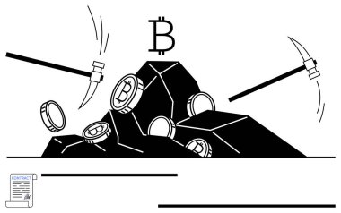 Dağ başparmaklarından yükselen paralar, hareket halindeki kazmalar madencilik sürecini simgeliyor. Kripto para birimi, dijital finans, engelleme zinciri, yatırım, zenginlik, teknoloji yeniliği için ideal. Düz