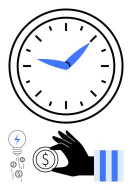 Mavi elli saat surat, bozuk para tutan el ve bozuk paralarla düşen ampul. Zaman yönetimi, yatırım, üretkenlik, fikirler, verimlilik planlaması için ideal. Düz basit