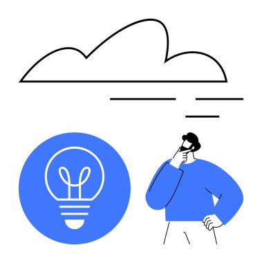 Mavi giyen biri bulutların altında kafa yoruyor, ampul yenilik ve yeni fikirler öneriyor. Yaratıcılık, beyin fırtınası, problem çözme, yenilik, planlama ve karar verme için ideal. Düz basit